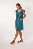 Gala Dress - Teal-Isle of Mine-Exude grace and confidence with the elegant Gala Dress, made from an airy Ramie fabric. Delicate embroidery adorns the square neckline, complemented by charming frill sleeves and a relaxed hem. Transition seamlessly from day to night by pairing it with sneakers or strappy sandals. FEATURES: Square neck with embroidered detail and gathering Short frill sleeves Inseam pockets Knee-length Relaxed hem Lotus, Peony & Teal: 100% Ramie Canvas: 52% Linen, 48% Ramie Lining: 100% Rayon-