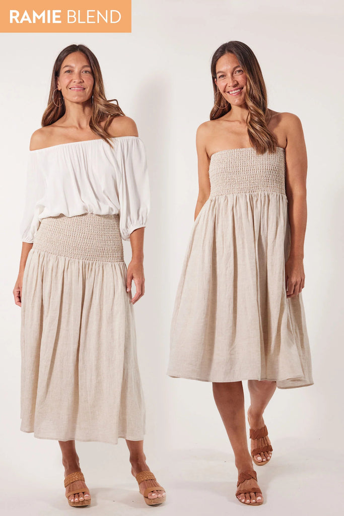 Gala Skirt/Dress - Canvas-Isle of Mine-Say hello to the Gala Skirt/Dress, a versatile wardrobe essential that offers endless possibilities! Crafted from refreshing Ramie fabric, it guarantees all-day comfort and can transition effortlessly from a maxi skirt to a knee-length strapless dress. Pack this versatile piece in your suitcase for your next vacation! FEATURES: Wide elastic bandeau Knee/Ankle-length Lotus, Peony & Teal: 100% Ramie Canvas: 52% Linen, 48% Ramie Lining: 100% Rayon-Pash + Evolve