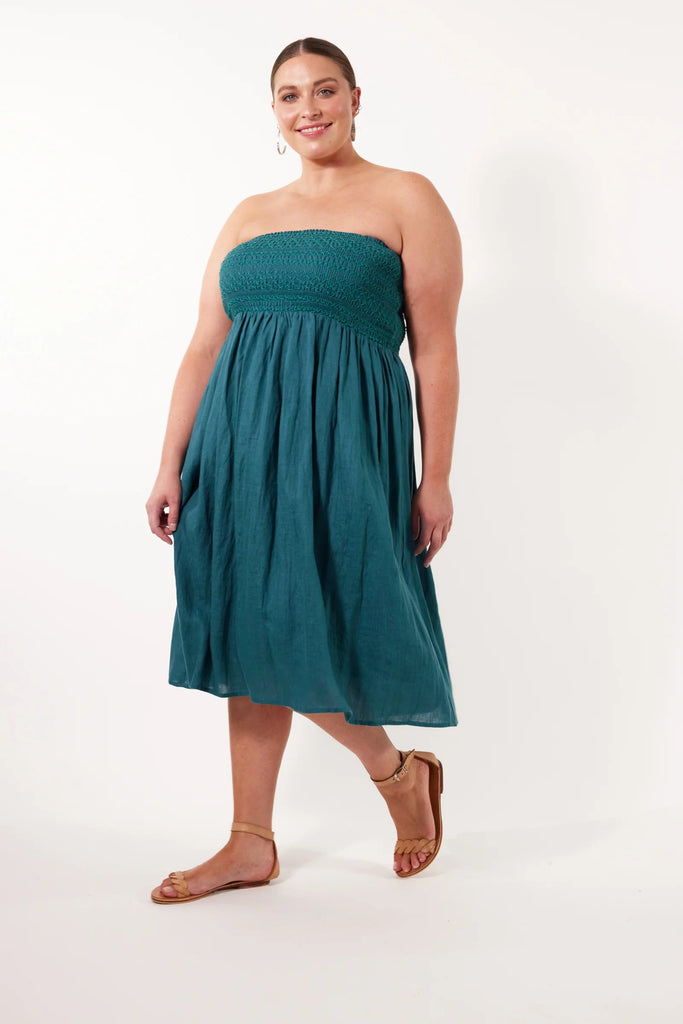 Gala Skirt/Dress - Teal-Isle of Mine-Say hello to the Gala Skirt/Dress, a versatile wardrobe essential that offers endless possibilities! Crafted from refreshing Ramie fabric, it guarantees all-day comfort and can transition effortlessly from a maxi skirt to a knee-length strapless dress. Pack this versatile piece in your suitcase for your next vacation! FEATURES: Wide elastic bandeau Knee/Ankle-length Lotus, Peony & Teal: 100% Ramie Canvas: 52% Linen, 48% Ramie Lining: 100% Rayon-Pash + Evolve
