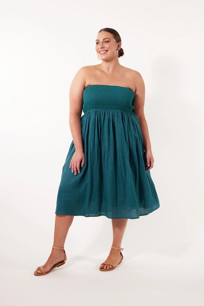 Gala Skirt/Dress - Teal-Isle of Mine-Say hello to the Gala Skirt/Dress, a versatile wardrobe essential that offers endless possibilities! Crafted from refreshing Ramie fabric, it guarantees all-day comfort and can transition effortlessly from a maxi skirt to a knee-length strapless dress. Pack this versatile piece in your suitcase for your next vacation! FEATURES: Wide elastic bandeau Knee/Ankle-length Lotus, Peony & Teal: 100% Ramie Canvas: 52% Linen, 48% Ramie Lining: 100% Rayon-Pash + Evolve