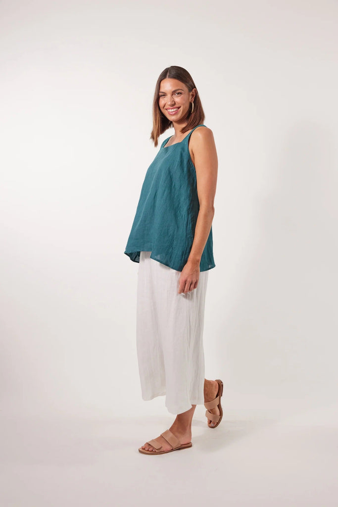 Gala Tank - Teal-Isle of Mine-The Gala Tank is the epitome of summer comfort and style. Crafted with luxurious Ramie fabric, it offers a relaxed and refreshing feel. The square neck and adjustable shoulder straps provide a flattering fit, while embroidered detailing adds an elegant touch. Pair it with loose pants or shorts for a laid-back weekend look. FEATURES: Square neck Adjustable shoulder straps with embroidered detail Ruched detail on the back Relaxed hem Lotus, Peony & Teal: 100% Ramie Canvas: 52% Li