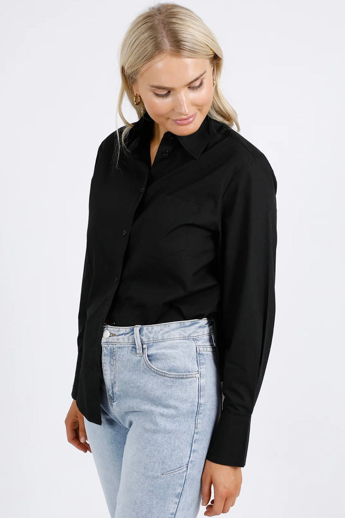 Gemma Shirt - Black-Foxwood-Fresh Cotton Poplin shirt featuring a wide back pleat detail. Ideal shirt for work or play. Button through placket Front chest pocket Relaxed fit 100% Cotton Model is 176cm and wears Size 8-10-Pash + Evolve