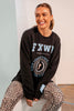 Get There Crew - Washed Black-Foxwood-The perfect way to 'Get There' is in the LeisureFit Get There Crew. With its round neck, hi-lo hemline, side splits with raw edging & this relaxed fit collegiate style crew is a best seller for it's stylish simplicity. Round neckline Front body and sleeve print Relaxed fit-Pash + Evolve