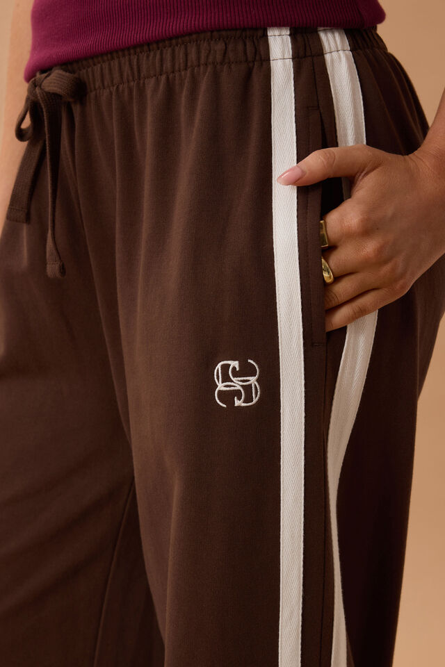 Gigi Wide Leg Terry Trackpant - Chocolate-Ceres Life-Organic terry cotton Regular fit Wide leg Side pockets Decorative side stripe for a sporty vibe Hang garment to dry after washing and hot iron side trim at seams if required 100% Cotton-Pash + Evolve