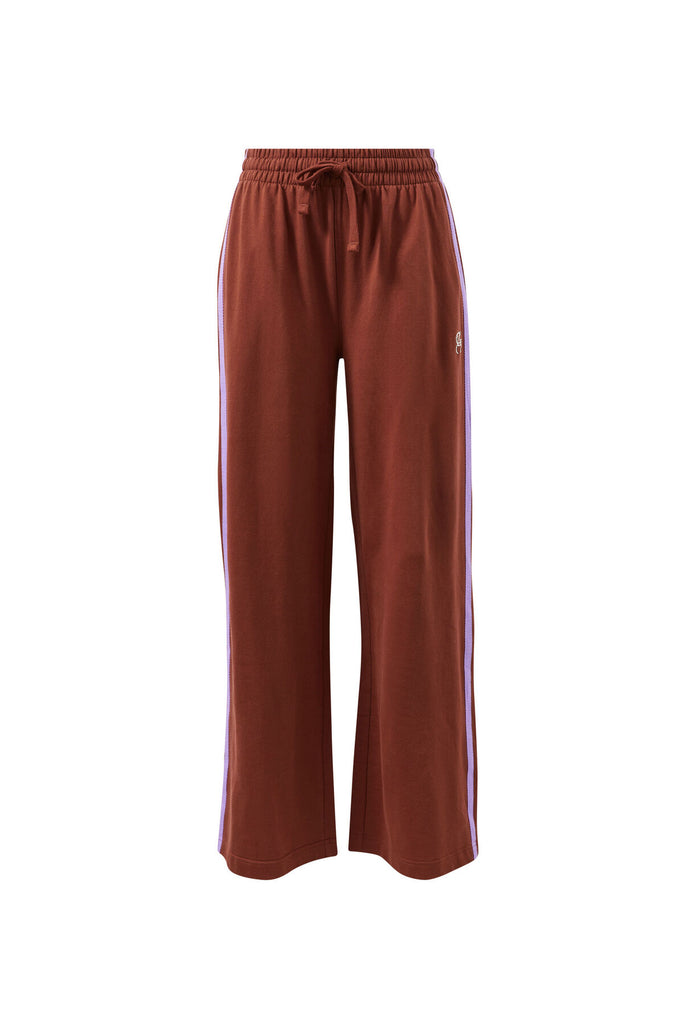 Gigi Wide Leg Terry Trackpant -burnt toffee orchid side stripe-Ceres Life-Organic terry cotton Regular fit Wide leg Side pockets Decorative side stripe for a sporty vibe Hang garment to dry after washing and hot iron side trim at seams if required 100%Cotton-Pash + Evolve