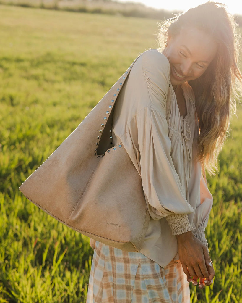 Hailey Suedette Shoulder Bag - Blonde-Louenhide-The Hailey Blonde Suedette Shoulder Bag brings all the soft, easy charm your weekend plans deserve, crafted from rich faux suede for a luxe, textured feel. Her gently slouchy silhouette and studded shoulder strap add a hint of edge to an otherwise understated design, giving her the refined attitude of a studded hobo bag. Internal Features Slip Pocket External Features Stud Detailing Internal Lining Polyurethane Vegan Leather 100% Lining Handle Height 27cm Clo