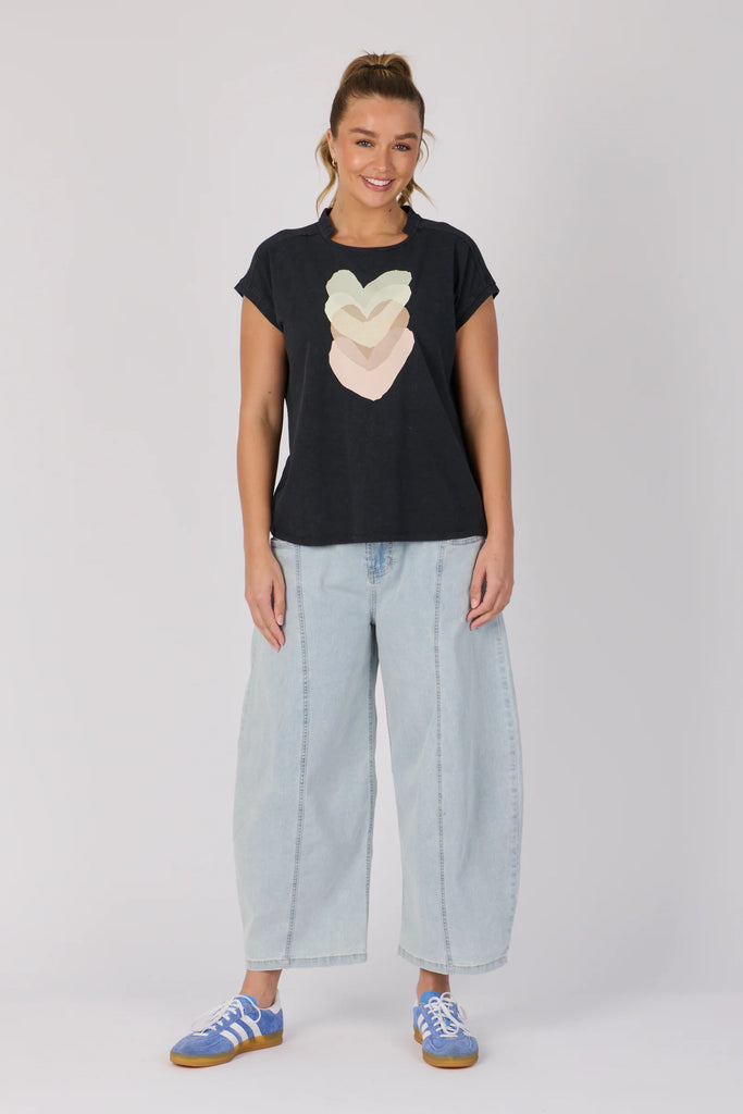 Half Collar Tee - Black Falling Hearts-One Ten Willow-The Half Collar Tee in Black Falling Hearts is crafted from a soft cotton blend for easy everyday wear. Featuring a relaxed fit with a round neckline, short sleeves, and a half-collar detail for a modern touch, this tee combines casual comfort with subtle style. Fabric: 80% COTTON, 15% POLYESTER, 5% ELASTANE – soft with a gentle stretchFit: Relaxed fit. Our model is 176cm tall (size 8–10) and wears a size small.Designed in Geelong, Victoria — proudly cre
