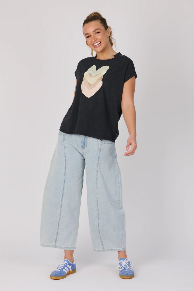 Half Collar Tee - Black Falling Hearts-One Ten Willow-The Half Collar Tee in Black Falling Hearts is crafted from a soft cotton blend for easy everyday wear. Featuring a relaxed fit with a round neckline, short sleeves, and a half-collar detail for a modern touch, this tee combines casual comfort with subtle style. Fabric: 80% COTTON, 15% POLYESTER, 5% ELASTANE – soft with a gentle stretchFit: Relaxed fit. Our model is 176cm tall (size 8–10) and wears a size small.Designed in Geelong, Victoria — proudly cre