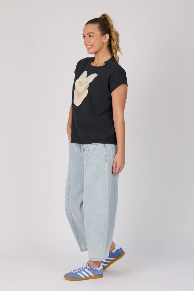 Half Collar Tee - Black Falling Hearts-One Ten Willow-The Half Collar Tee in Black Falling Hearts is crafted from a soft cotton blend for easy everyday wear. Featuring a relaxed fit with a round neckline, short sleeves, and a half-collar detail for a modern touch, this tee combines casual comfort with subtle style. Fabric: 80% COTTON, 15% POLYESTER, 5% ELASTANE – soft with a gentle stretchFit: Relaxed fit. Our model is 176cm tall (size 8–10) and wears a size small.Designed in Geelong, Victoria — proudly cre
