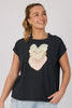 Half Collar Tee - Black Falling Hearts-One Ten Willow-The Half Collar Tee in Black Falling Hearts is crafted from a soft cotton blend for easy everyday wear. Featuring a relaxed fit with a round neckline, short sleeves, and a half-collar detail for a modern touch, this tee combines casual comfort with subtle style. Fabric: 80% COTTON, 15% POLYESTER, 5% ELASTANE – soft with a gentle stretchFit: Relaxed fit. Our model is 176cm tall (size 8–10) and wears a size small.Designed in Geelong, Victoria — proudly cre