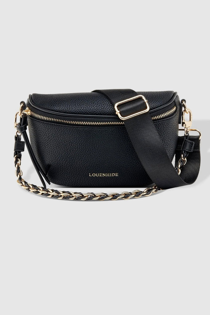 Halsey sling bag - black-Louenhide-The Louenhide Halsey Sling Bag is where active meets an urban lifestyle. Your new go-to for fuss free functionality, this soft vegan leather crossbody bag is designed with a secure front zip closure, backside zip pocket and internal zip pocket to keep all your belongings safe when you’re on-the-go. Designed thoughtfully to complement your active schedule with unsurpassed style, wear her with the woven vegan leather chain shoulder strap for elevated style or with the adjust