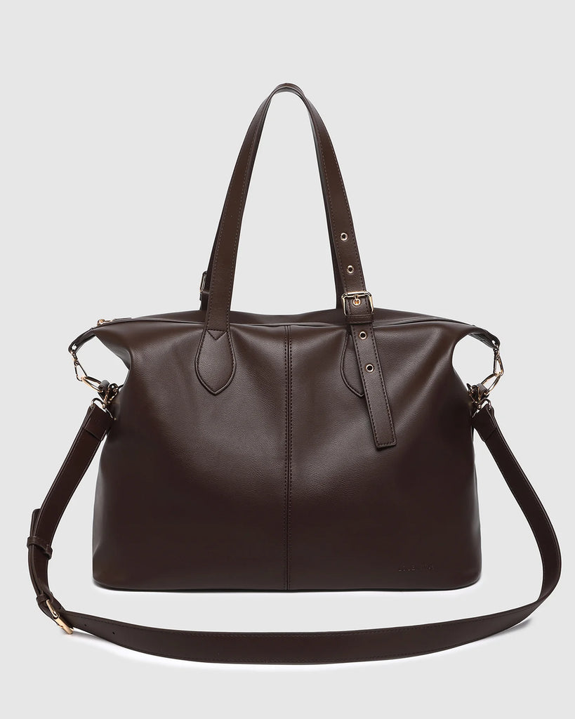 Hampton Tote Bag - Chocolate-Louenhide-The Hampton Chocolate Tote Bag is designed for departures both planned and unexpected. With a silhouette that balances structure and softness, she brings a refined presence to moments in motion, from weekend escapes to daily commutes. Crafted in smooth vegan leather, Hampton Chocolate features dual top handles and a detachable strap, offering a versatile, considered way to carry. Understated in finish, she redefines the carry-on tote bag with trolley sleeve, moving eff