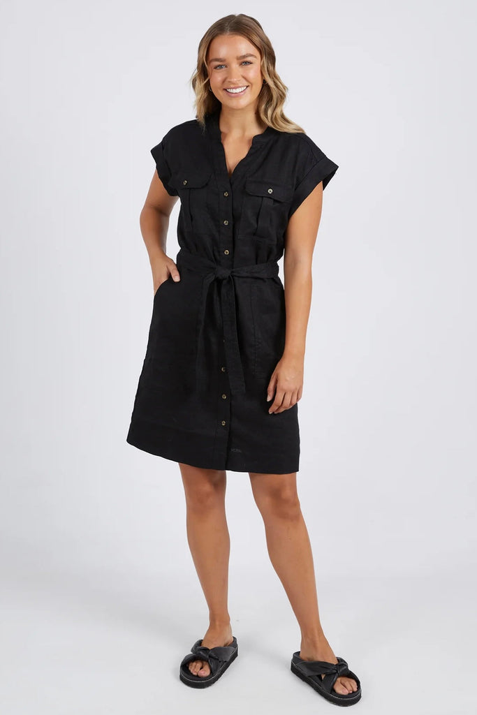 Harlow dress - black-Foxwood-Lovely Linen! The Harlow Dress is the ultimate in versatile dressing. Featuring a classic shirt style button through with tie waist and chest front pockets, dress up or down depending on the occasion. Vee neckline Tie around waist Button thru placket Linen material Our model is 176cm tall and wears size 8-10-Pash + Evolve