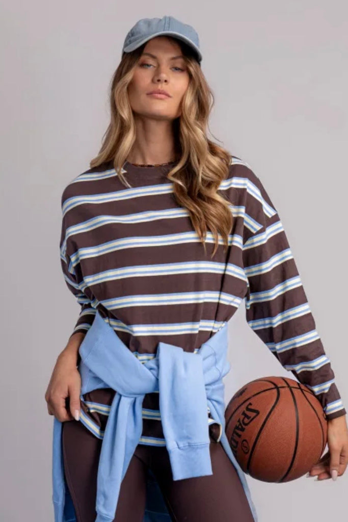 Harper long sleeve - coffee stripe-Foxwood-A little retro, a little sporty. The Harper Stripe Long Sleeve Tee brings easy energy with its yarn-dyed stripes and relaxed drape, finished with subtle chest embroidery for that signature touch. Soft, breathable cotton keeps it comfy from slow mornings to on-the-go afternoons. Just add your favourite denim or trackies and you're set. *Relaxed fit *Embroidery on chest *100% Cotton *Designed in Australia-Pash + Evolve