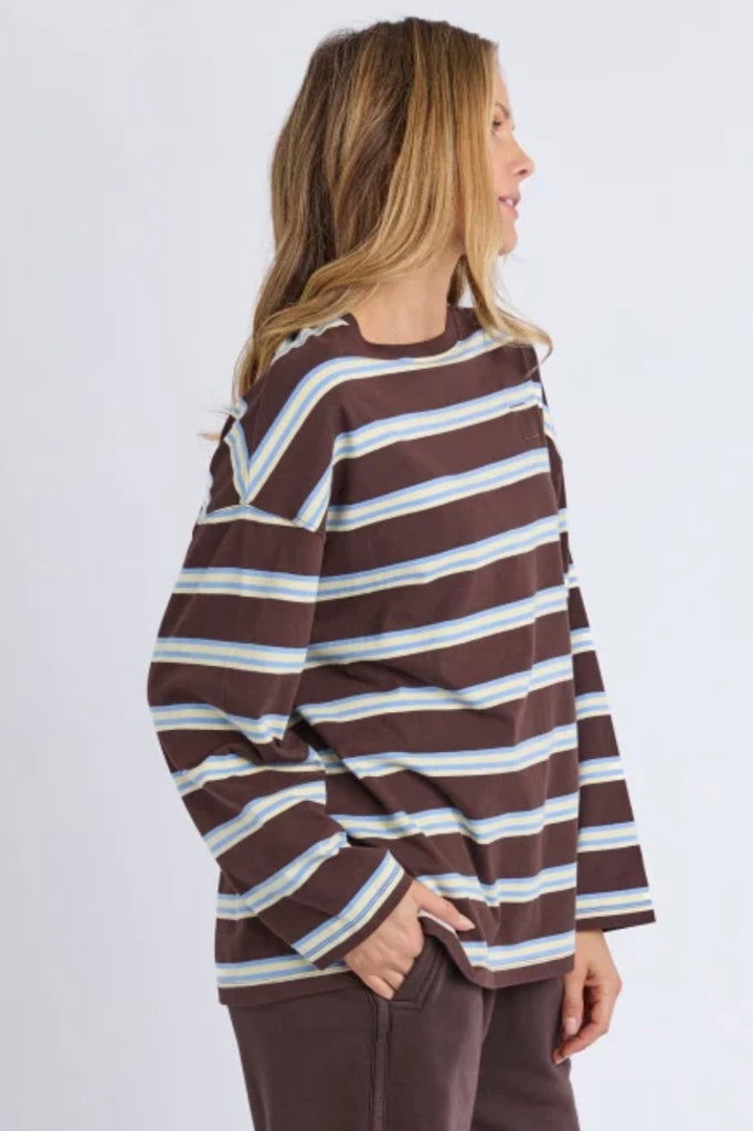 Harper long sleeve - coffee stripe-Foxwood-A little retro, a little sporty. The Harper Stripe Long Sleeve Tee brings easy energy with its yarn-dyed stripes and relaxed drape, finished with subtle chest embroidery for that signature touch. Soft, breathable cotton keeps it comfy from slow mornings to on-the-go afternoons. Just add your favourite denim or trackies and you're set. *Relaxed fit *Embroidery on chest *100% Cotton *Designed in Australia-Pash + Evolve