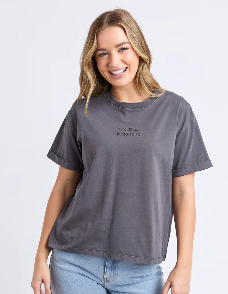 Huntleigh oversized tee - charcoal-Foxwood-Classic oversized tee for casual everyday wear. Featuring front chest embroidery and made with fresh 100% cotton. Round neckline Front chest embroidery Oversized fit 100% Cotton Our model is 176cm and wears Size 10-Pash + Evolve