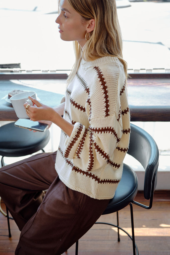 Lila Oversized Knit Crew - ecru stripe
