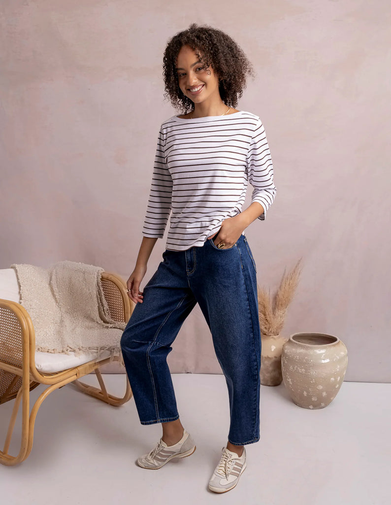 Eliza Boat Neck Tee Stripe - White/Coffee