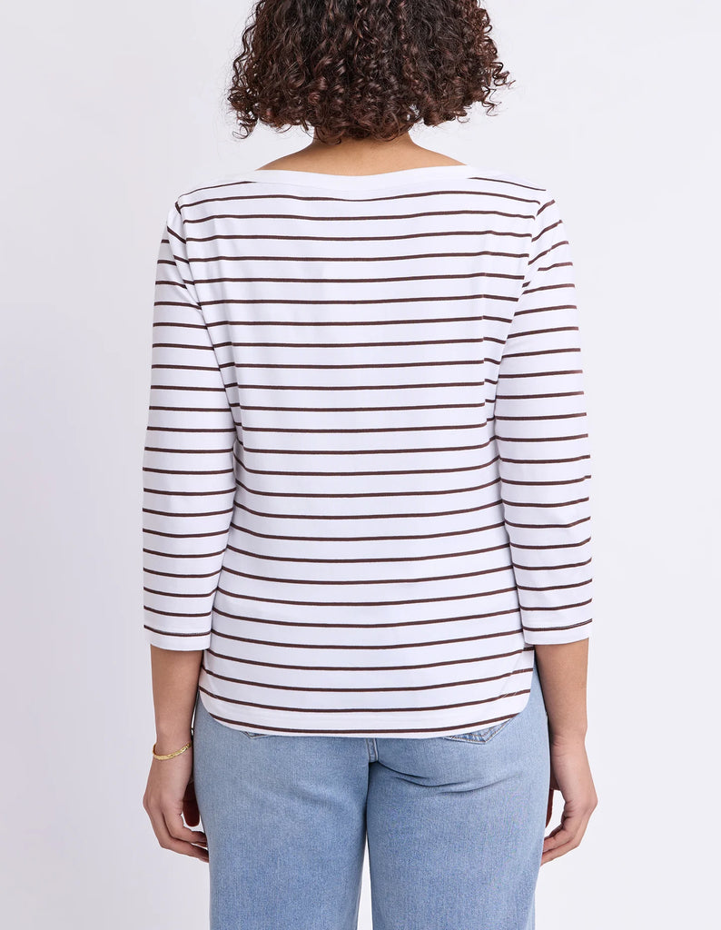 Eliza Boat Neck Tee Stripe - White/Coffee