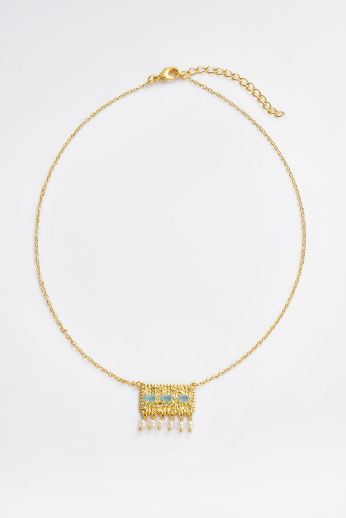 Imogen Necklace - milky aqua-Zarla-A delicate chain finished with an intricate pendant, set with soft aqua tones and fine detailing. Light-catching and layered, it brings a subtle, ocean-inspired feel with a refined edge. Designed to elevate your look with effortless ease. *18K Gold Plated Solid Brass Base *41cm + 5cm Extender *This piece is handmade and not recommended to be worn in water-Pash + Evolve
