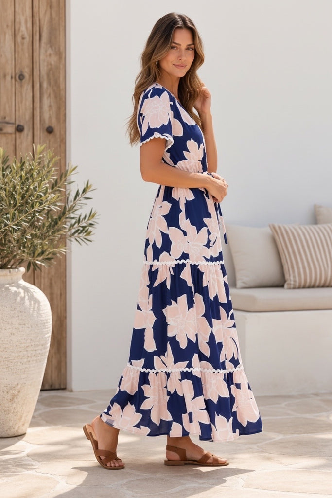 Jayda dress - navy/blush-Pash + Evolve-*V neck *Short sleeve *Drawstring waist *Midi length *Floral print *100% Rayon-Pash + Evolve