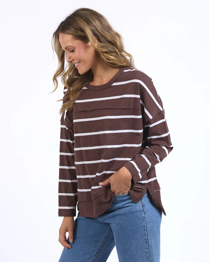 Jayne Stripe Throw On Top - Chocolate/White-Foxwood-The Jayne Throw on Top is the perfect lightweight long sleeve to take you through the seasons. Cut from a comfy, cotton slub jersey this women's top features a crew neck, trendy exposed stitching and side split hi-low hem. Seriously versatile we know you'll be wearing this on repeat. Round neckline Design lines Raw edge details 100% Cotton Our model is 176cm and wears Size 10-Pash + Evolve