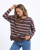 Jayne Stripe Throw On Top - Chocolate/White-Foxwood-The Jayne Throw on Top is the perfect lightweight long sleeve to take you through the seasons. Cut from a comfy, cotton slub jersey this women's top features a crew neck, trendy exposed stitching and side split hi-low hem. Seriously versatile we know you'll be wearing this on repeat. Round neckline Design lines Raw edge details 100% Cotton Our model is 176cm and wears Size 10-Pash + Evolve