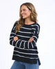 Jayne Stripe Throw On Top - Navy/White Stripe-Foxwood-The Jayne Throw on Top is the perfect lightweight long sleeve to take you through the seasons. Cut from a comfy, cotton slub jersey this women's top features a crew neck, trendy exposed stitching and side split hi-low hem. Seriously versatile we know you'll be wearing this on repeat. Round neckline Design lines Raw edge details 100% Cotton Our model is 176cm and wears Size 10-Pash + Evolve