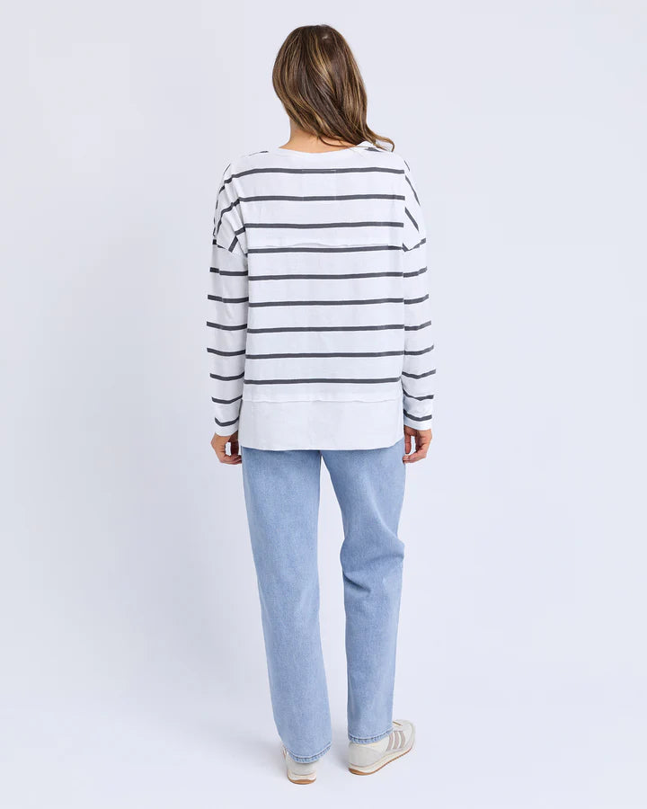 Jayne Stripe Throw On Top - White & Charcoal-Foxwood-The Jayne Throw on Top is the perfect lightweight long sleeve to take you through the seasons. Cut from a comfy, cotton slub jersey this women's top features a crew neck, trendy exposed stitching and side split hi-low hem. Seriously versatile we know you'll be wearing this on repeat. Round neckline Design lines Raw edge details 100% Cotton Model is wearing a size 10-Pash + Evolve