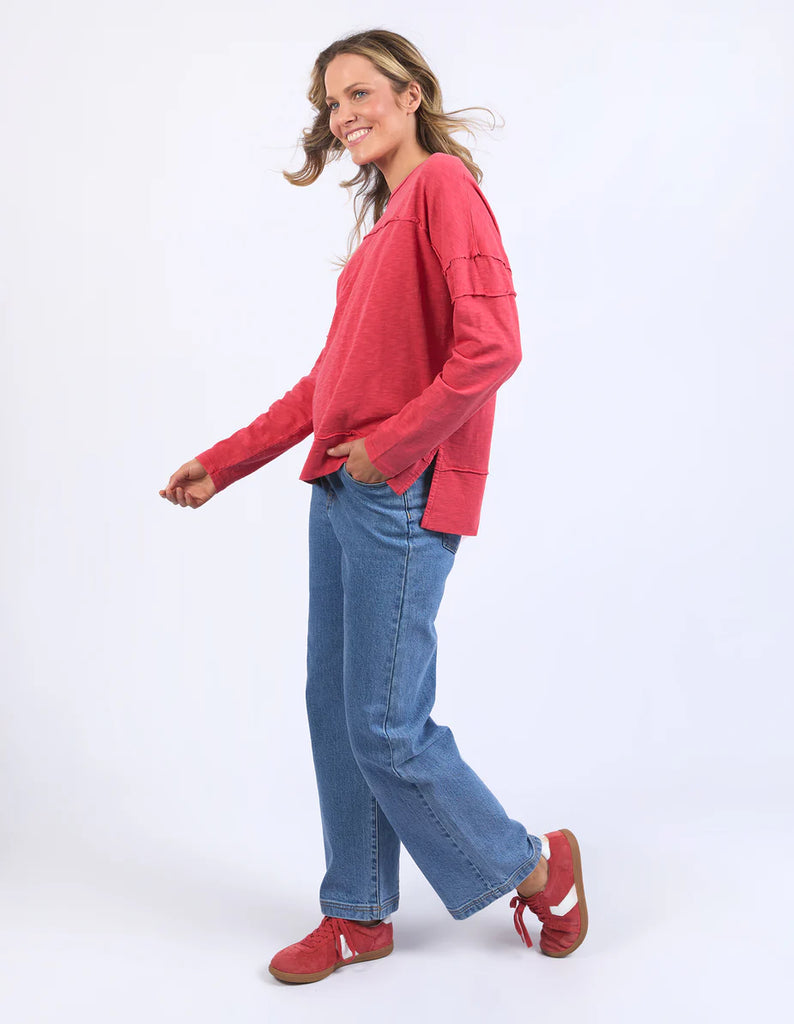 Jayne Throw On Top - Cayenne Red-Foxwood-The Jayne Throw on Top is the perfect lightweight long sleeve to take you through the seasons. Cut from a comfy, cotton slub jersey this women's top features a crew neck, trendy exposed stitching and side split hi-low hem. Seriously versatile we know you'll be wearing this on repeat. Round neckline Design lines Raw edge details 100% Cotton Our model is 176cm and wears Size 10-Pash + Evolve