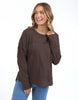 Jayne Throw On Top - Coffee Bean-Foxwood-The Jayne Throw on Top is the perfect lightweight long sleeve to take you through the seasons. Cut from a comfy, cotton slub jersey this women's top features a crew neck, trendy exposed stitching and side split hi-low hem. Seriously versatile we know you'll be wearing this on repeat. Round neckline Design lines Raw edge details 100% Cotton Model is wearing a size 10-Pash + Evolve