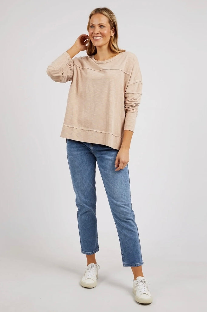 Jayne Throw On Top - Oat-Foxwood-The Jayne Throw on Top is the perfect lightweight long sleeve to take you through the seasons. Cut from a comfy, cotton slub jersey this women's top features a crew neck, trendy exposed stitching and side split hi-low hem. Seriously versatile we know you'll be wearing this on repeat. 100% COTTON JERSEY Designed in Australia-Pash + Evolve