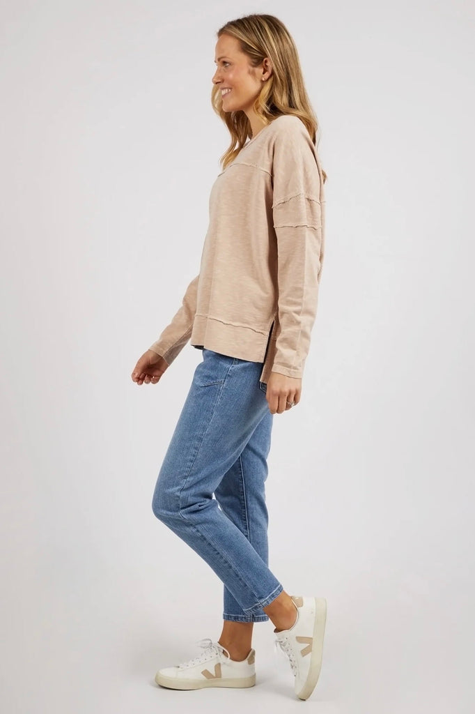 Jayne Throw On Top - Oat-Foxwood-The Jayne Throw on Top is the perfect lightweight long sleeve to take you through the seasons. Cut from a comfy, cotton slub jersey this women's top features a crew neck, trendy exposed stitching and side split hi-low hem. Seriously versatile we know you'll be wearing this on repeat. 100% COTTON JERSEY Designed in Australia-Pash + Evolve