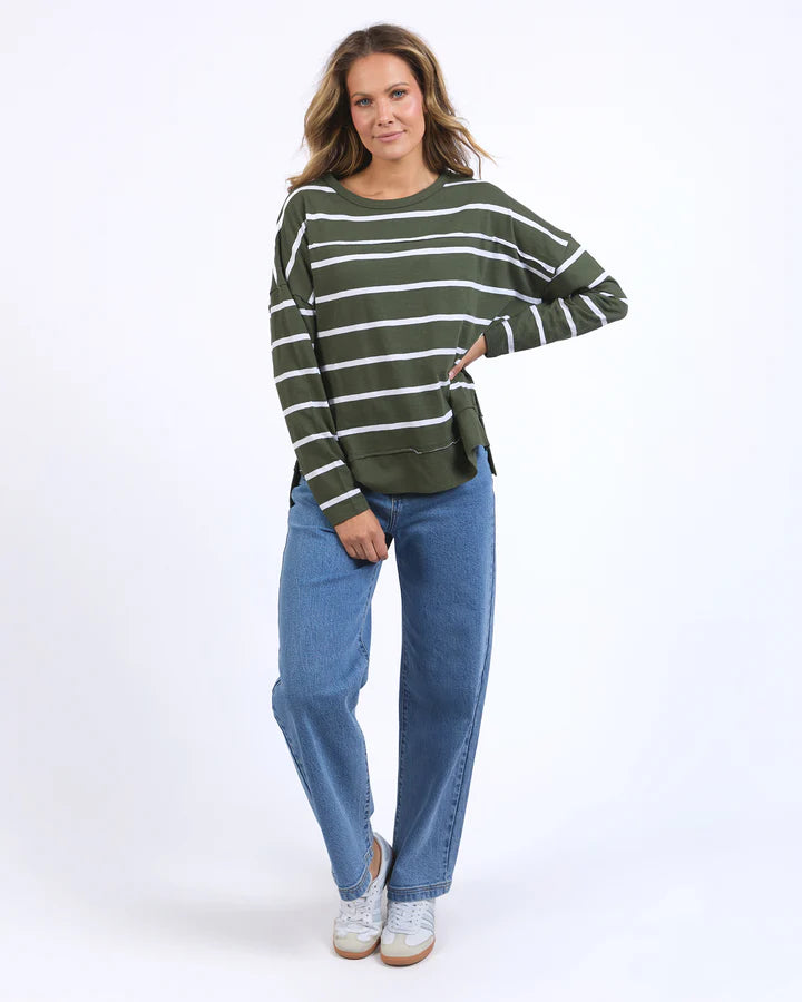 Jayne throw on top - khaki/white stripe-Foxwood-The Jayne Throw on Top is the perfect lightweight long sleeve to take you through the seasons. Cut from a comfy, cotton slub jersey this women's top features a crew neck, trendy exposed stitching and side split hi-low hem. Seriously versatile we know you'll be wearing this on repeat. Round neckline Design lines Raw edge details 100% Cotton Our model is 176cm and wears Size 10-Pash + Evolve