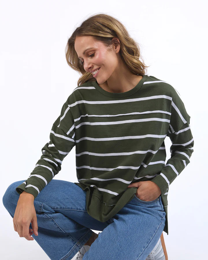 Jayne throw on top - khaki/white stripe-Foxwood-The Jayne Throw on Top is the perfect lightweight long sleeve to take you through the seasons. Cut from a comfy, cotton slub jersey this women's top features a crew neck, trendy exposed stitching and side split hi-low hem. Seriously versatile we know you'll be wearing this on repeat. Round neckline Design lines Raw edge details 100% Cotton Our model is 176cm and wears Size 10-Pash + Evolve