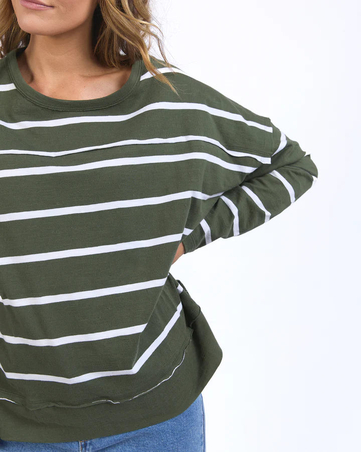 Jayne throw on top - khaki/white stripe-Foxwood-The Jayne Throw on Top is the perfect lightweight long sleeve to take you through the seasons. Cut from a comfy, cotton slub jersey this women's top features a crew neck, trendy exposed stitching and side split hi-low hem. Seriously versatile we know you'll be wearing this on repeat. Round neckline Design lines Raw edge details 100% Cotton Our model is 176cm and wears Size 10-Pash + Evolve