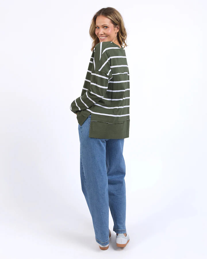 Jayne throw on top - khaki/white stripe-Foxwood-The Jayne Throw on Top is the perfect lightweight long sleeve to take you through the seasons. Cut from a comfy, cotton slub jersey this women's top features a crew neck, trendy exposed stitching and side split hi-low hem. Seriously versatile we know you'll be wearing this on repeat. Round neckline Design lines Raw edge details 100% Cotton Our model is 176cm and wears Size 10-Pash + Evolve
