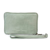 Jean medium purse - dusky green-DUSKY ROBIN-A small purse/clutch to carry the basics. Jean is ideal for day to day, evening and travel routines! Features include: 5 individual card slots Secure zip around closure 1 large section for notes, receipts, phone, passport 1 small exterior zip section for coins Detachable wrist strap Dark grey chambray lining Made from the finest, softest leather Size: 18cm length x 10cm width x 1cm depth-Pash + Evolve