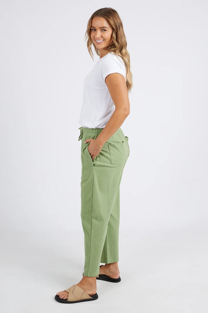 Jordan pant - moss green-Foxwood-Style and comfort, the easy-wearing Jordan Pants are your ultimate luxe comfort wear. Featuring a drawcord and slightly kicked out leg, these pants look great worn with your favourite Summer slides. Elastic waist Self fabric drawcord Relaxed fit 100% Cotton Our model is 176cm tall and wears size 8-10-Pash + Evolve