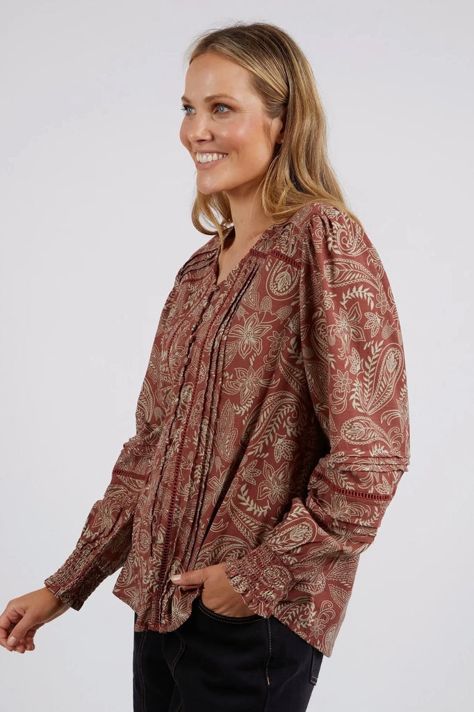 Juliette Paisley Top - Paisley Print-Foxwood-Featuring the exclusive Foxwood Paisley Print the Juliette top features a classic button through front and lovely pin tuck details on the placket for extra style. Button through detail Foxwood exclusive print Tucking and trim details Viscose Model is 176cm and wears Size 8-10-Pash + Evolve
