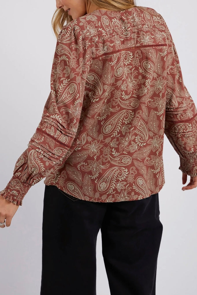 Juliette Paisley Top - Paisley Print-Foxwood-Featuring the exclusive Foxwood Paisley Print the Juliette top features a classic button through front and lovely pin tuck details on the placket for extra style. Button through detail Foxwood exclusive print Tucking and trim details Viscose Model is 176cm and wears Size 8-10-Pash + Evolve