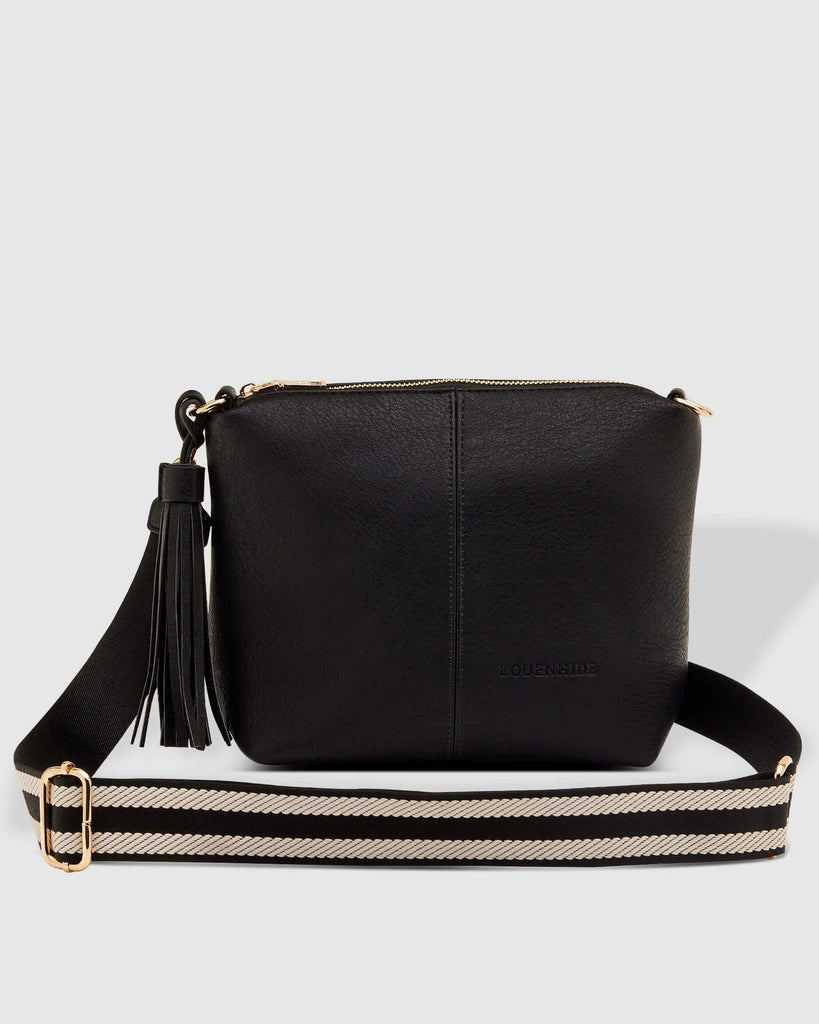 Kasey Stripe crossbody Bag - Black-Louenhide-Bags-The Louenhide Kasey Black Crossbody Bag with Stripe Strap is a classic women's everyday bag with elevated style. Designed in a soft and slouchy design, this casual crossbody bag is a smaller take on our best-selling Daisy Crossbody Bag. Secure your favourite products in either the zip pocket, the two slip pockets or in the interior compartment for your bigger items such as sunglasses, purse and phone with ease. Complete your relaxed luxe look with the matchi