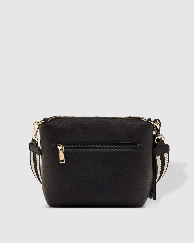 Kasey Stripe crossbody Bag - Black-Louenhide-Bags-The Louenhide Kasey Black Crossbody Bag with Stripe Strap is a classic women's everyday bag with elevated style. Designed in a soft and slouchy design, this casual crossbody bag is a smaller take on our best-selling Daisy Crossbody Bag. Secure your favourite products in either the zip pocket, the two slip pockets or in the interior compartment for your bigger items such as sunglasses, purse and phone with ease. Complete your relaxed luxe look with the matchi