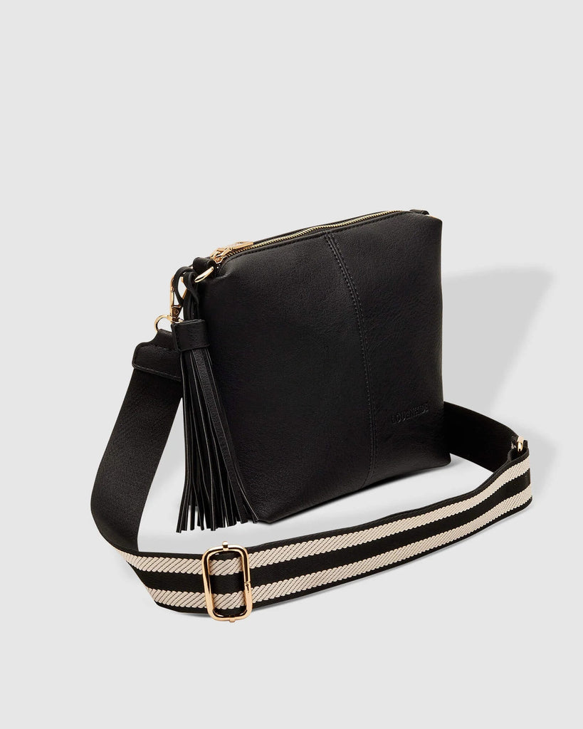 Kasey Stripe crossbody Bag - Black-Louenhide-Bags-The Louenhide Kasey Black Crossbody Bag with Stripe Strap is a classic women's everyday bag with elevated style. Designed in a soft and slouchy design, this casual crossbody bag is a smaller take on our best-selling Daisy Crossbody Bag. Secure your favourite products in either the zip pocket, the two slip pockets or in the interior compartment for your bigger items such as sunglasses, purse and phone with ease. Complete your relaxed luxe look with the matchi