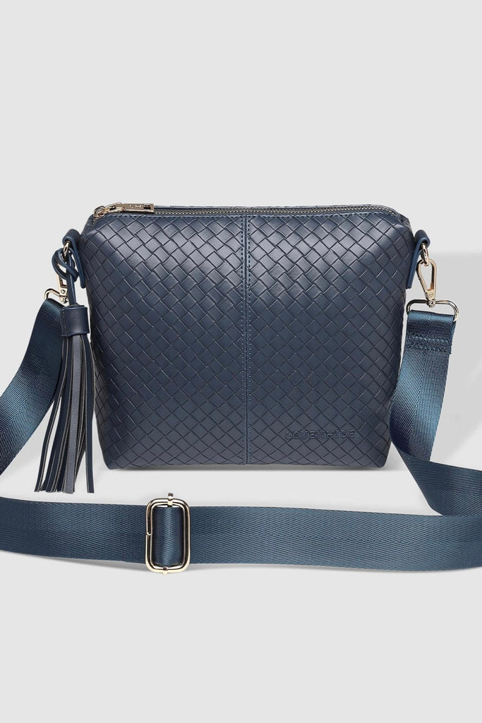Kasey Woven Crossbody Bag - Navy-Louenhide-The Louenhide Kasey Navy Woven Crossbody Bag is a classic women's everyday bag with elevated style. Designed in a woven textured vegan leather, this casual crossbody bag is a smaller take on our best-selling Daisy Crossbody Bag. Secure your favourite products in either the zip pocket, the two slip pockets or in the interior compartment for your bigger items such as sunglasses, purse and phone with ease. Perfect to take you from dusk to dawn, relaxed styling has nev