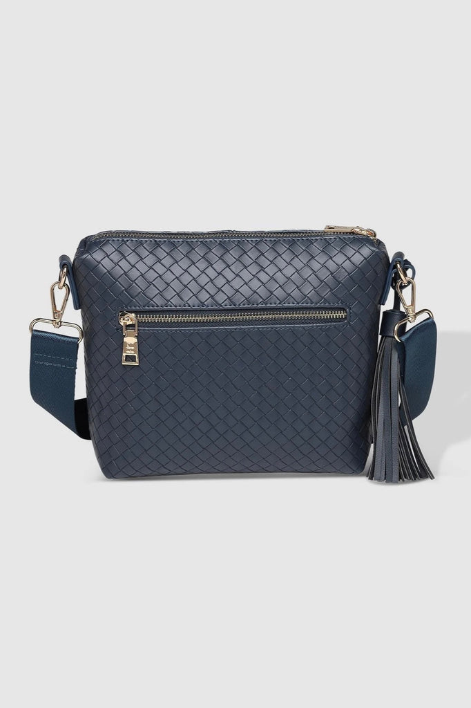 Kasey Woven Crossbody Bag - Navy-Louenhide-The Louenhide Kasey Navy Woven Crossbody Bag is a classic women's everyday bag with elevated style. Designed in a woven textured vegan leather, this casual crossbody bag is a smaller take on our best-selling Daisy Crossbody Bag. Secure your favourite products in either the zip pocket, the two slip pockets or in the interior compartment for your bigger items such as sunglasses, purse and phone with ease. Perfect to take you from dusk to dawn, relaxed styling has nev