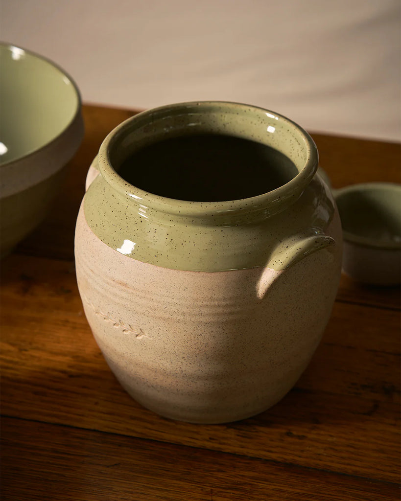Kitchen Life Utensil Jar - peppercorn-Robert gordon-Inspired by the steady rhythm of the kitchen, this collection celebrates the beauty of daily preparation and time spent cooking. Subtle glazes and gentle leaf embellishment introduce softness and balance to everyday cooking, finished in a reactive glaze with delicate speckling. Made from stoneware Microwave & Dishwasher safe Earthy clay body with green reactive glaze 18cm | 19cm Designed in Australia-Pash + Evolve