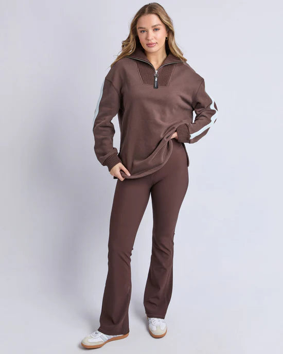 Knit collar crew - coffee-Foxwood-Front zip neck opening Sleeve panel detail Knit collar and cuff detail MAIN: 85% Cotton 15% Polyester CONTRAST: 100% Cotton Our model is 176cm and wears Size 10-Pash + Evolve