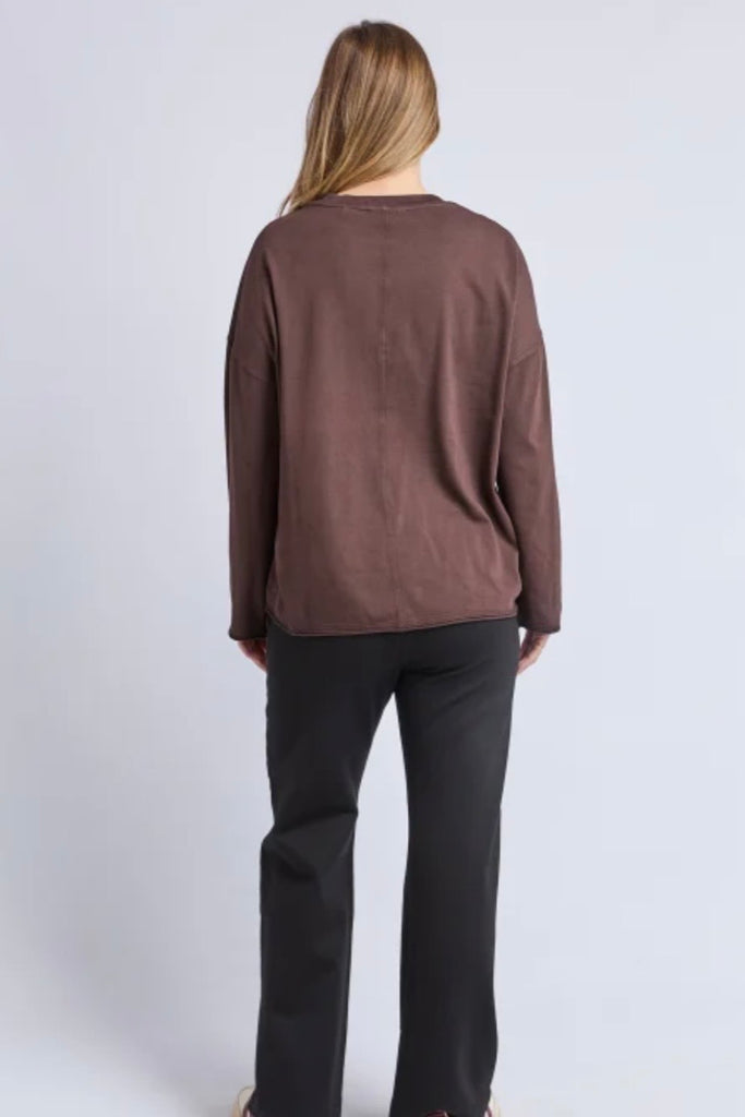 Knock off long sleeve - coffee-Foxwood-The Knock Off Long Sleeve has that perfectly undone look you'll keep reaching for. Cut with a drop shoulder and easy drape through the body, it feels relaxed without trying too hard. The raw edge finish gives it a slightly rugged edge, adding just the right amount of attitude. Made from soft cotton, it's one of those pieces that only gets better the more you wear it. *Designed in Australia *Relaxed fit *Raw edge *100% Cotton-Pash + Evolve