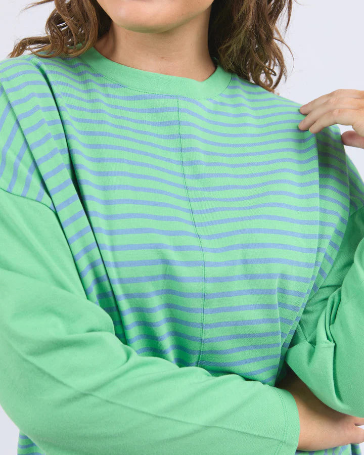 Kova sweat - dusk blue/green stripe-Elm-*Long sleeve *Side splits *Striped *Dusk blue/green stripe *Round neck *100% Cotton-Pash + Evolve